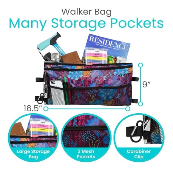 🎁 Floral Storage Bag For Walker/Rolator with Multiple Pockets Zip Closure NWT - Picture 8 of 8